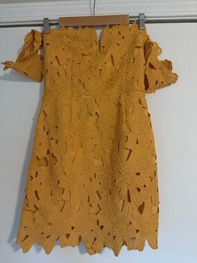 Free People Mustard Yellow Crochet Off-Shoulder Mini Dress